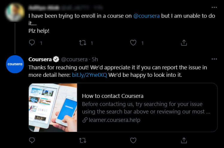 EduTech Social Customer Support Example Coursera Social Media Care Example